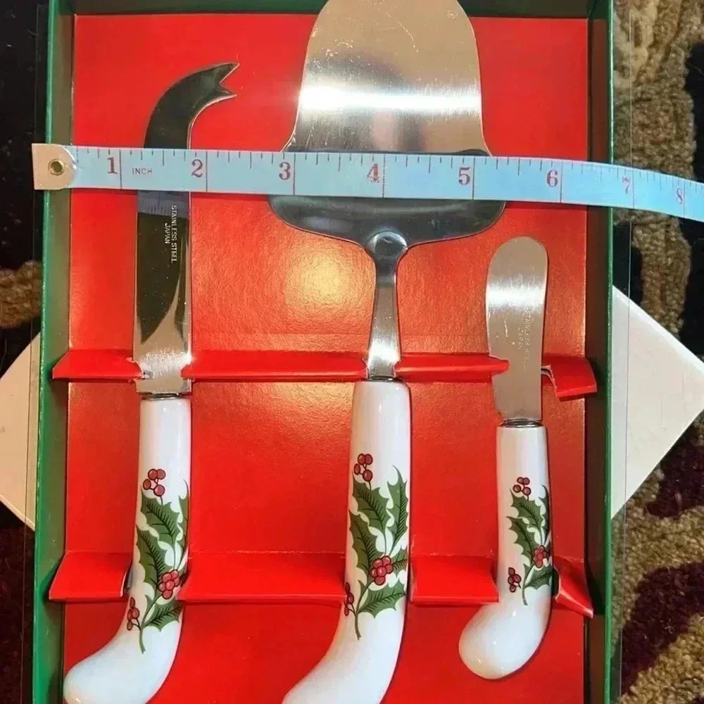 Vintage Holiday Holly Berry 3 Piece Cheese Set Stainless Steel Made In Japan
